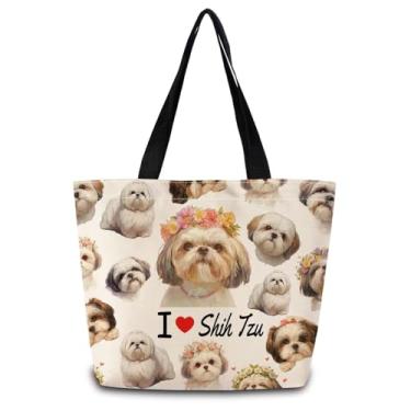 Imagem de ZhuVantrix Sacola I Love Shih Tzu reutilizável bolsa de compras estética bolsa de ombro com bolso interno com zíper elegante I Love Shih Tzu presente para mãe de cachorro mulheres