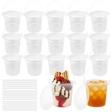 Imagem de 15 baldes de plástico reutilizáveis, recipientes de coquetel de 940 ml com tampas e canudos, baldes grandes de smoothie e sorvete de 950 ml para festas e eventos