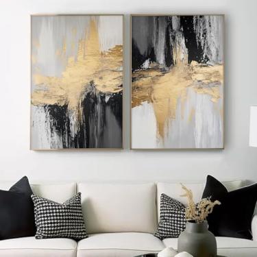 Imagem de Arte de parede cinza dourado preto moderno pintura preta e dourada minimalista pôster abstrato preto branco arte de parede folha dourada arte de parede moderna abstrata sala de estar escura