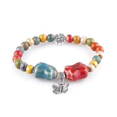 Imagem de KILIPOL Pulseira de contas de cerâmica colorida estilo étnico chinês hippie boêmio, estilo iterário e antigo, joia boêmia de praia de verão presente para mulheres presente de Natal (Estilo18