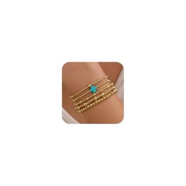 Imagem de Miss Pink Conjunto de pulseiras femininas com contas douradas à prova d'água, banhado a ouro 14 k, delicadas, contas redondas e pérolas, pulseira elástica com contas não manchadas, para presentes de