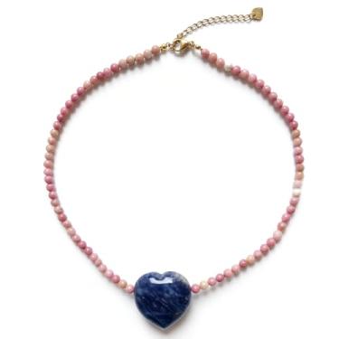 Imagem de MEVOME Colar com pingente de coração grosso com contas de pedra natural, banhado a ouro 18K, pedra preciosa, pêssego, coração, gargantilha feminina, joia para presente de aniversário, Natal, Ano Novo