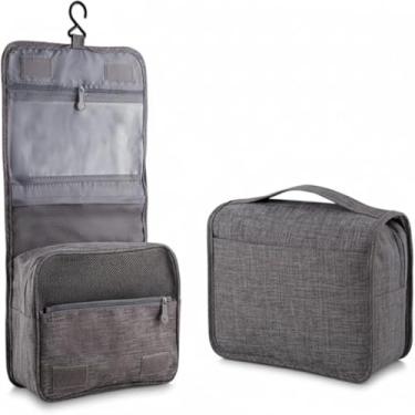Imagem de Necessaire Grande de Viagem com Cabide – Impermeável, Dobrável e Organizada – Ideal para Banheiro, Maquiagem e Higiene Pessoal Cinza