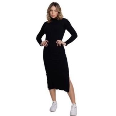 Imagem de Vestido Midi Manga Longa Vekyo Gola Alta Canelado Roupa Feminina-Feminino