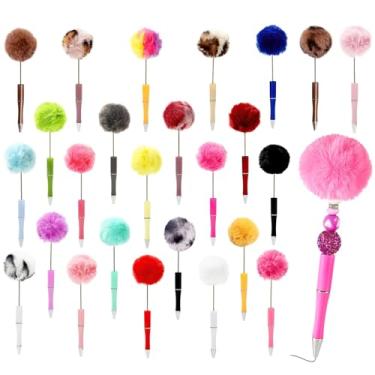 Imagem de OMISTAR 25 canetas de contas fofas com pompons – Canetas esferográficas com contas difusas, eixo de metal de tinta azul para artesanato, escola, escritório, lembrancinhas de festa (16,5 cm)