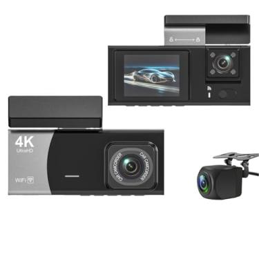 Imagem de XRC TECH Câmera veicular 4K de 3 canais para carros, aplicativo WiFi integrado, DVR para carro dianteiro, interno e traseiro, gravador de vídeo com visão noturna IR 2160P + 720P, proteção panorâmica