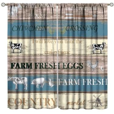Imagem de Fblifil Cortinas de animais rurais retrô fazenda estilo vintage galo de madeira estilo vintage bolso para varão café quarto sala de estar cortinas de janela 107 cm L x 114 cm C