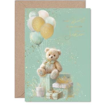 Imagem de Gold New Baby Cartão Unissex para Irmã - Urso de Pelúcia Presentes Balões - Cartão de Parabéns Bem Feito para Nova Irmã, A5 Golden Welcome To The World Cartões de felicitações