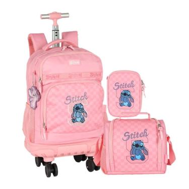 Imagem de Kit Mochila de Rodinha Stitch Rosa com Lancheira e Estojo – Luxcel Oficial