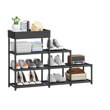 Imagem de Estante Multiuso 4 Andares, Metal, Plástico e TNT, 93 x 21,5 x 61 cm, Branca e Preta, Organizador para Roupas, Sapatos, Livros e Objetos