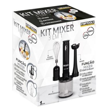 Imagem de Kit Mixer, Processador e Batedor de Alimentos 3 em 1, 200W, 220V, Aço Inox, Preto e Branco, Copo 700ml, Velocidade Variável