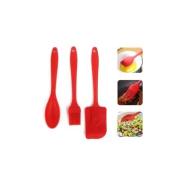Imagem de Kit 3 Peças de Silicone para Cozinha, Espátula, Pincel e Batedor Fouet, Vermelho, Resistente ao Calor até 240°C, para Confeitaria e Culinária, 21-25cm