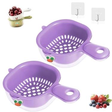 Imagem de Cesta de drenagem de camada dupla de cozinha com alça, mini coador de frutas e escorredor de vegetais para baga e tomate uva (2 peças roxas)
