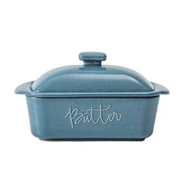 Imagem de Prato de manteiga FE, protetor de manteiga de cerâmica com linha de água, prato de manteiga francesa com tampa para bancada (azul)