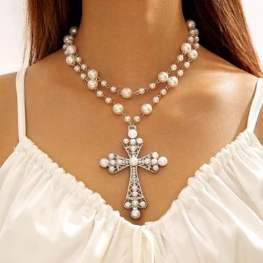 Imagem de Colar de cruz de pérola, pingente de lariat, colar de ouro grosso para mulheres, presentes de amizade para mulheres, presentes de Natal, joias, Medium, Latão, Sem Pedra Preciosa