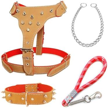 Imagem de Peitoral Ajustável para Cachorro com Cravos, Coleira e Guia Antipuxão - Ideal para Raças como Pit Bull, Rottweiler, Bull Terrier, American Bully, Boxer(Marrom Claro)