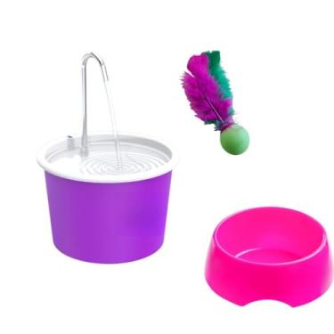 Imagem de Fonte Bebedouro para Gatos e Cães + Comedouro 600ml + Pong(Kit roxo com tampa branca)