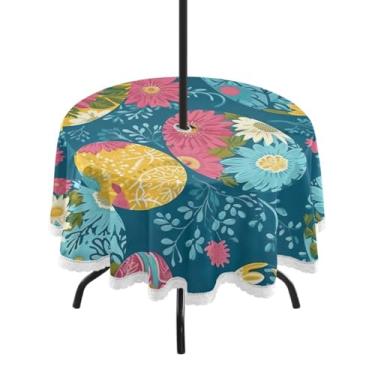Imagem de Blueangle Toalha de mesa redonda impermeável com ovos de Páscoa de 152 cm com orifício para guarda-chuva - Tecido resistente à prova de sol para todos os climas para pátio, acampamento, piquenique(3)