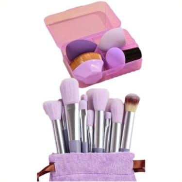 Imagem de Kit 13 Pinceis de Maquiagem + Pincel + Estojo de Esponjas (Roxo)