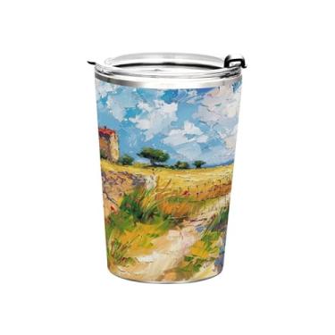 Imagem de Blueangle Copo de 340 g com tampa e canudo, copo de café com água isolada a vácuo de aço inoxidável, caneca de viagem doméstica camponesa copo térmico para bebidas quentes e frias (669)