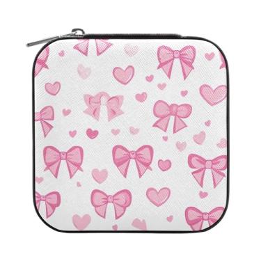 Imagem de SEHANY Caixa de joias personalizada com laço rosa para mulheres, meninas, mini estojo de joias de couro PU, organizador de joias de viagem, caixa de joias para brincos, anéis, colares, presentes para