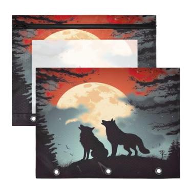 Imagem de Blueangle Bolsa para lápis de lobo da lua noturna para fichário de 3 anéis, 2 pacotes com bolsa de lápis com janela transparente para documentos com zíper para escritório (730)