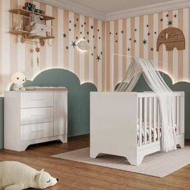Imagem de Jogo De Quarto Infantil Popy Retrô Plus Cômoda 1 Porta E Berço Branco Brilho - Móveis Peroba
