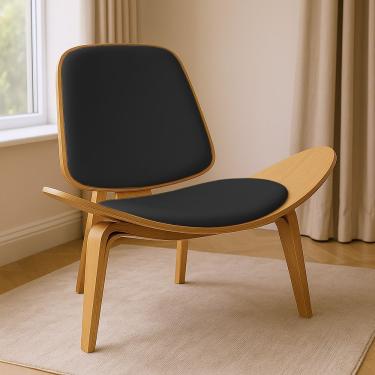 Imagem de Poltrona Decorativa Base De Madeira Shell Sintético P01 - D'rossi Cor Preto