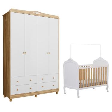 Imagem de Jogo De Quarto Infantil Elô Guarda Roupa E Berço Branco Brilho/amêndoa - Móveis Peroba