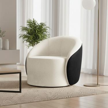 Imagem de Poltrona Sala Orgânica Lua Fixa Sintético Pu Preto/bouclê Off White D03 - D'rossi