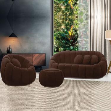 Imagem de Sofá 2 Lugares Com Puff E Poltrona Orgânica Fixa Cloud Bouclê Marrom E03 - D'rossi
