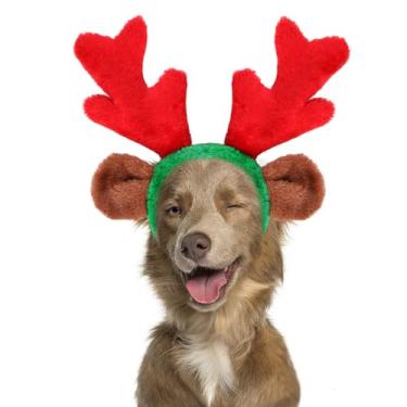 Imagem de BWOGUE Faixa de cabeça ajustável com chifres de rena para cães, acessório de fantasia festiva para cães, gatos, animais de estimação, argola para a cabeça para festa de Natal