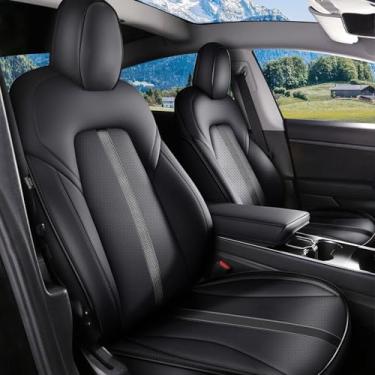 Imagem de AOMSAZTO Capa de assento de carro adequada para Tesla Model Y 2020 2024 - Protetor de assento de carro diamante brilhante de couro meio cercado com airbag compatível (diamante preto)