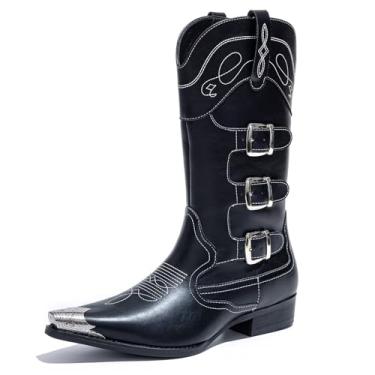Imagem de Botas de cowboy masculinas ocidentais com tiras de fivela tripla, bico fino, botas de equitação de couro durável, Preto, 46