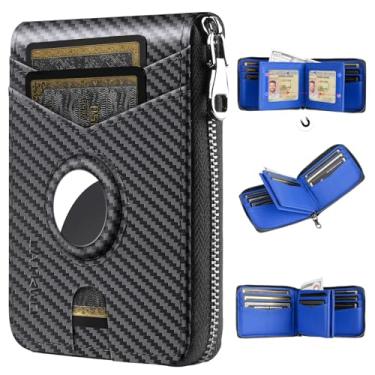 Imagem de Carteira masculina de grandes dimensões com bloqueio de RFID com zíper e 2 janelas para identidade, design de grande capacidade, 13 compartimentos para cartão de crédito, Blue Apple Air Tag