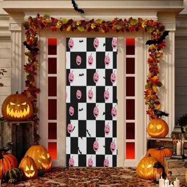 Imagem de Wassud Capa de porta padrão xadrez Pumkins decoração externa faixa interna varanda decoração de casa grande decoração de porta da frente 96 x 98 polegadas
