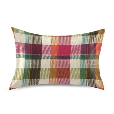 Imagem de Fronha de almofada de seda para pele e cabelo extra macia, resistente a rugas e desbotamento com fecho de envelope (tamanho padrão, 76 x 50 cm) | xadrez tartã de Natal