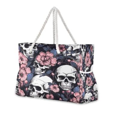 Imagem de Wassud Bolsa de praia feminina grande caveira rosa bolsa de praia impermeável à prova d'água à prova de areia com zíper e bolso para piscina academia acampamento