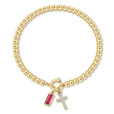 Imagem de Korotho Pulseira de pedra de nascimento cruzada para mulheres – Pulseiras elásticas delicadas banhadas a ouro 14 K, modernas, à prova d'água, não mancham, joias de aniversário, Natal, meias para mães