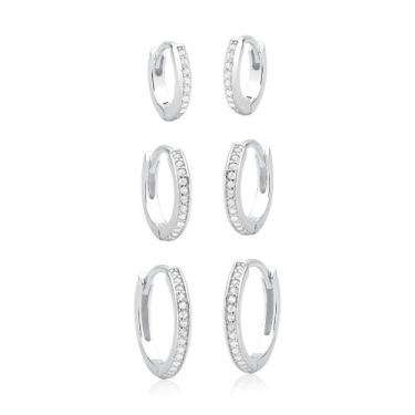 Imagem de Kit Brinco Trio de Prata 925 Argolas Cravejadas - DR Joias