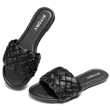 Imagem de FITORY Sandálias rasteiras femininas modernas de bico aberto redondo sem cadarço com alça trançada para verão tamanho 6-11, Todo preto, 38