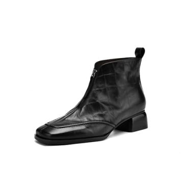 Imagem de TinaCus Bota feminina de bico quadrado, feita à mão, com zíper, salto baixo, grosso, couro legítimo, casual, cano curto, Preto, 38
