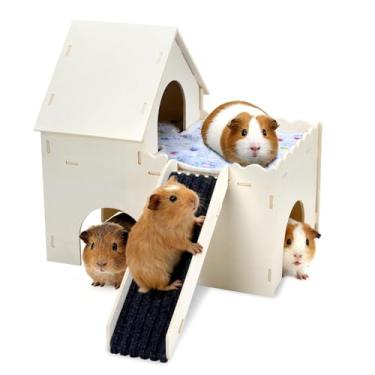 Imagem de PETKNOWS Esconderijo e casa de porquinho-da-índia atualizados, fácil de montar, castelo de porquinho-da-índia de madeira, cama com escadas, adequado para hamsters e chinchila