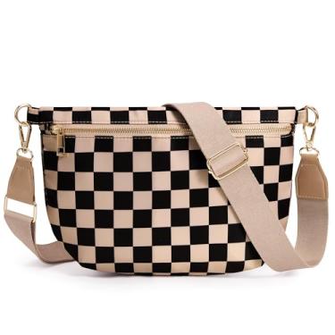 Imagem de KALIDI Bolsas transversais quadriculadas para mulheres, pochetes de viagem planas para mulheres e homens, bolsa transversal de nylon, bolsa moderna para cinto, Xadrez cáqui