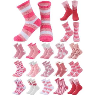Imagem de Unittype 16 pares de meias femininas de pelúcia para o Dia dos Namorados, fofas, fofas, macias, quentes, para meninas, adultos, inverno, ambientes internos e domésticos, Rosa e branco, Medium