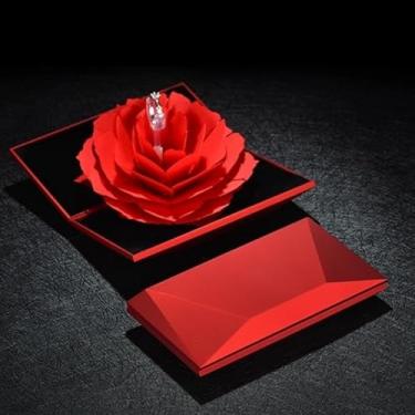 Imagem de Caixa de anel giratório rosa com exibição criativa embalagem de joias para noivados, dia dos namorados, presentes de confissão, vermelho