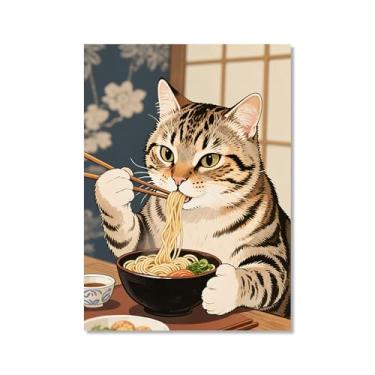 Imagem de Arte de parede em tela de gato preto engraçado vintage japonês gato comendo ramen imagem única amante de gatos para decoração de parede de cozinha e sala de jantar (SKU6,27.9x35.6 cm = (28x35 cm), sem
