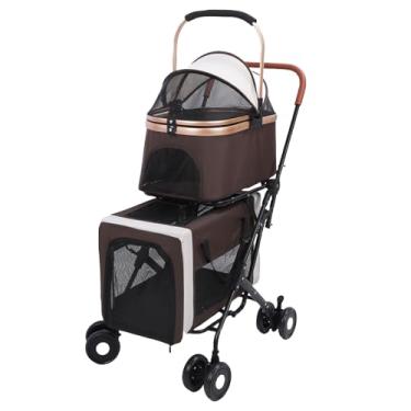 Imagem de Luocute Carrinho Duplo para Animais de Estimação, Transportador de Viagem Dobrável de 2 Camadas para Cães e Gatos Com Transportadores Removíveis, Rodas Com Trava, Cintos de Segurança,