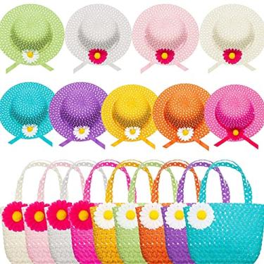 Imagem de 9 Conjuntos de Chapéus Chá para Meninas Bolsa Chapéu Palha com Flor e Inclui Bolsas Sol