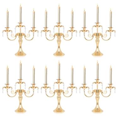 Imagem de KEHAIL Candelabro de metal de 3 braços com pingentes de cristal - Castiçais de 29 cm de altura, conjunto de 2 - Suporte de castiçal cônico elegante para casamento, mesa de jantar, decoração de casa de